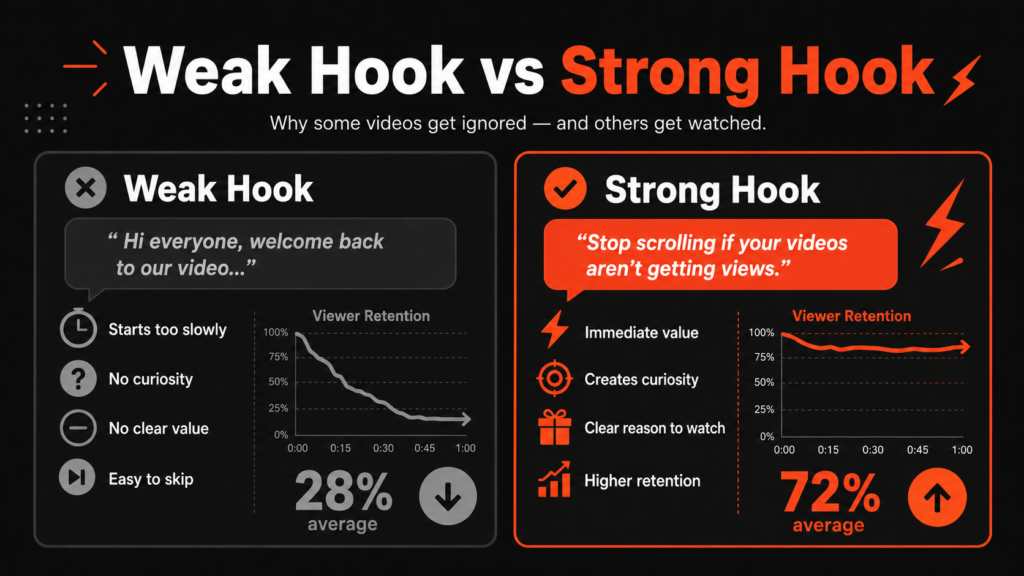 Weak hook vs strong hook infographic explaining how video hooks affect attention, engagement, and viewer retention